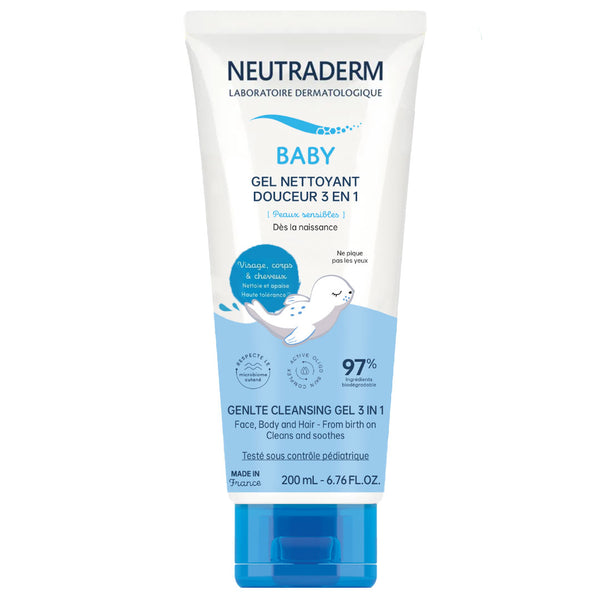 Neutraderm Baby Gentle Cleansing Gel 3 in 1 for face, body, and hair, in a 200ml tube on a white background
