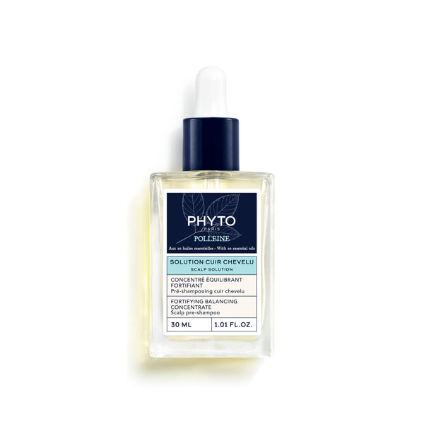 PHYTO SCALP SOLUTION Balancing Concentrate POLLEINE 30ml bottle with dropper on a white background