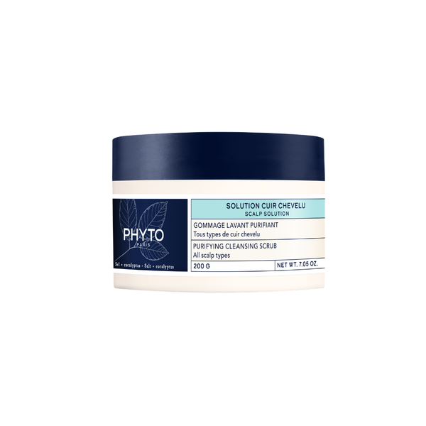 PHYTO SCALP SOLUTION Purifying & Cleansing Scrub 200ml in a white jar with a blue lid, front view on a white background