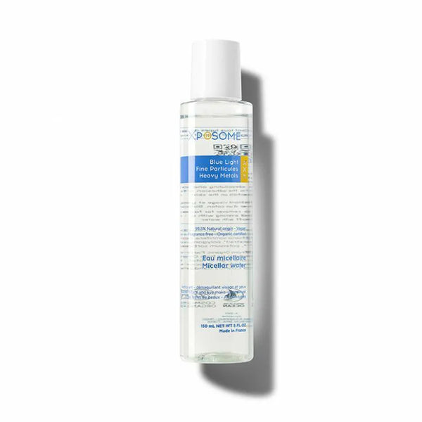 Xposome Micellar Water in a clear bottle with a white cap, featuring a blue label indicating protection against blue light,