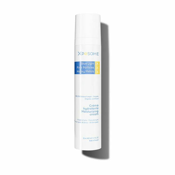 Xposome Moisturizing Cream front view, a white bottle with blue and yellow labels, on a white background