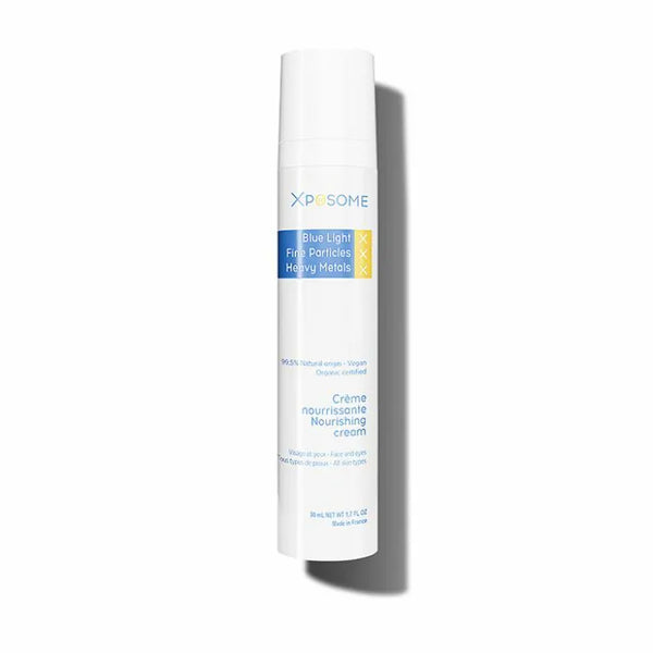 Xposome Nourishing Cream in a white bottle, front view on a white background, highlighting its protection against blue light,