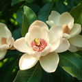 Adopt Fleurs De Mon Jardin perfume with three white magnolia flowers and green leaves in natural light