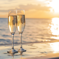 Adopt Golden Queen champagne flutes with sparkling wine at sunset over the ocean, reflecting golden light