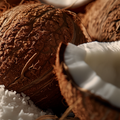 Adopt Ibiza Bohemia with a close-up detail of coconuts, showcasing their natural texture and shredded coconut flakes