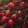 Adopt Ma Cherry, a close-up view of fresh, ripe red cherries with green stems and leaves,