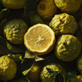 Adopt Paris Rêverie fragrance ingredients, a top-down view of fresh, vibrant citrus fruits with one cut in half
