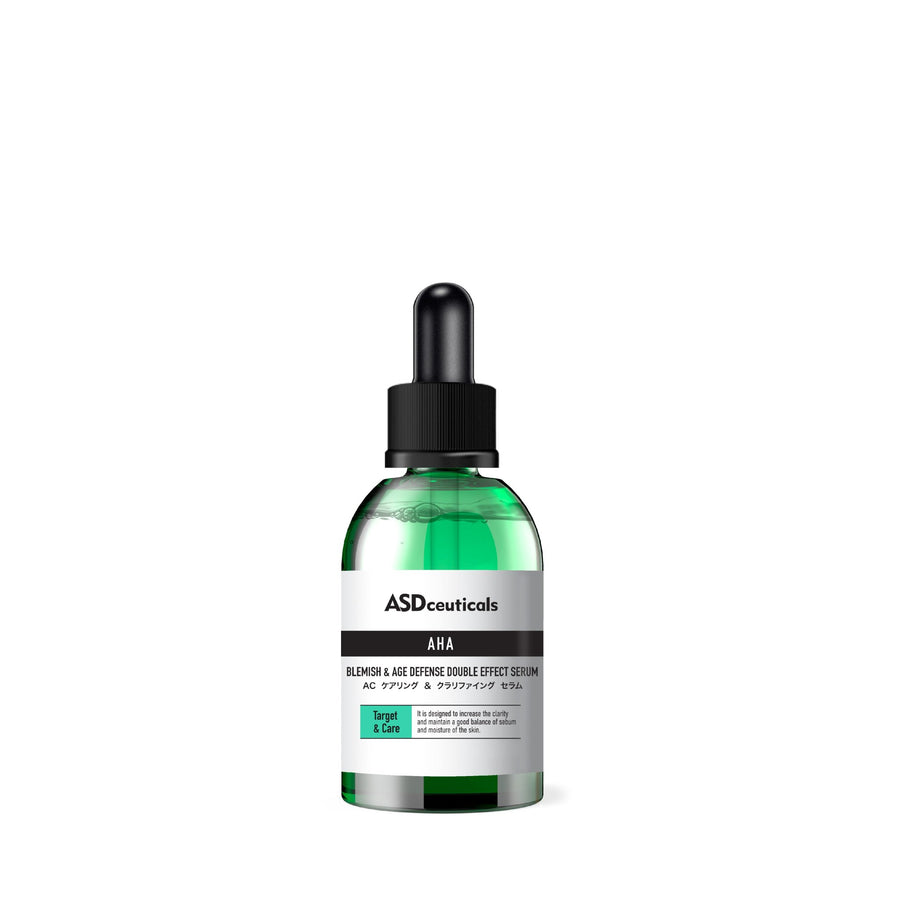 ASDceuticals Blemish & Age Defense Double Effect Serum in a green dropper bottle, front view on a white background