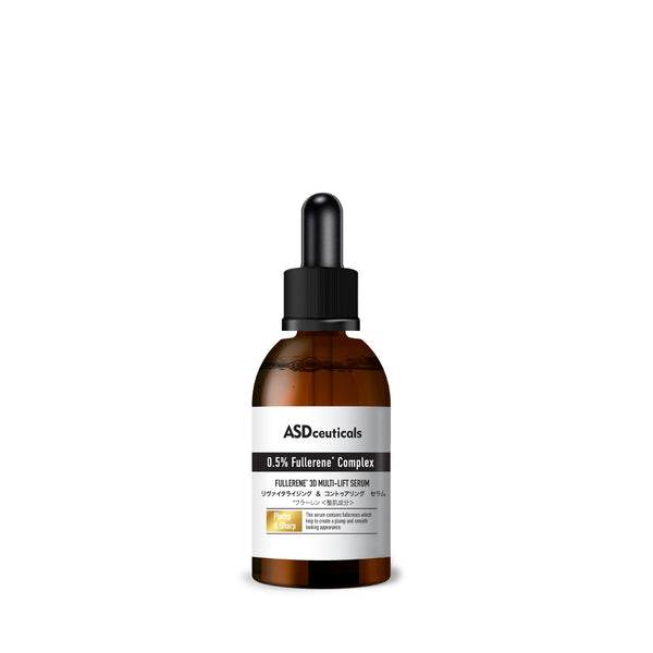 ASDceuticals Fullerene 3D Multi-lift Serum in a brown dropper bottle with a white label on a white background