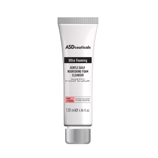ASDceuticals Gentle Daily Nourishing Foam Cleanser in a white tube with a silver cap on a white background