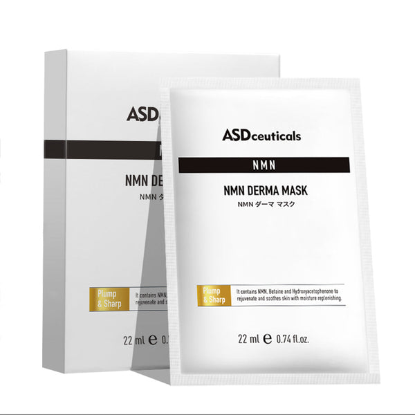 ASDceuticals NMN Derma Mask packaging and individual sachet on a white background,