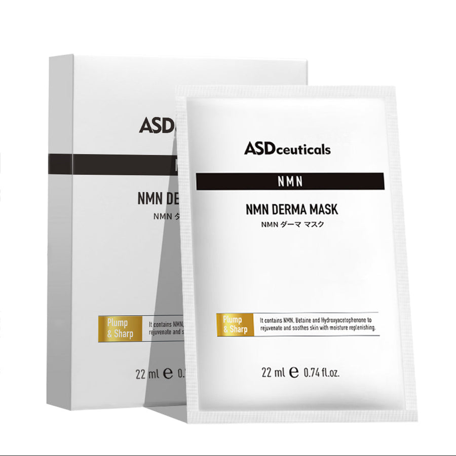 ASDceuticals NMN Derma Mask packaging and individual sachet on a white background,