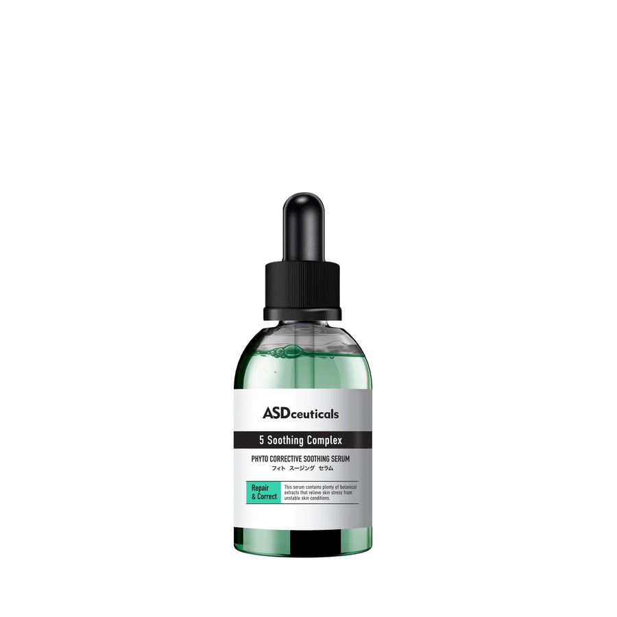 ASDceuticals Phyto Corrective Soothing Serum in a dropper bottle, front view on a white background