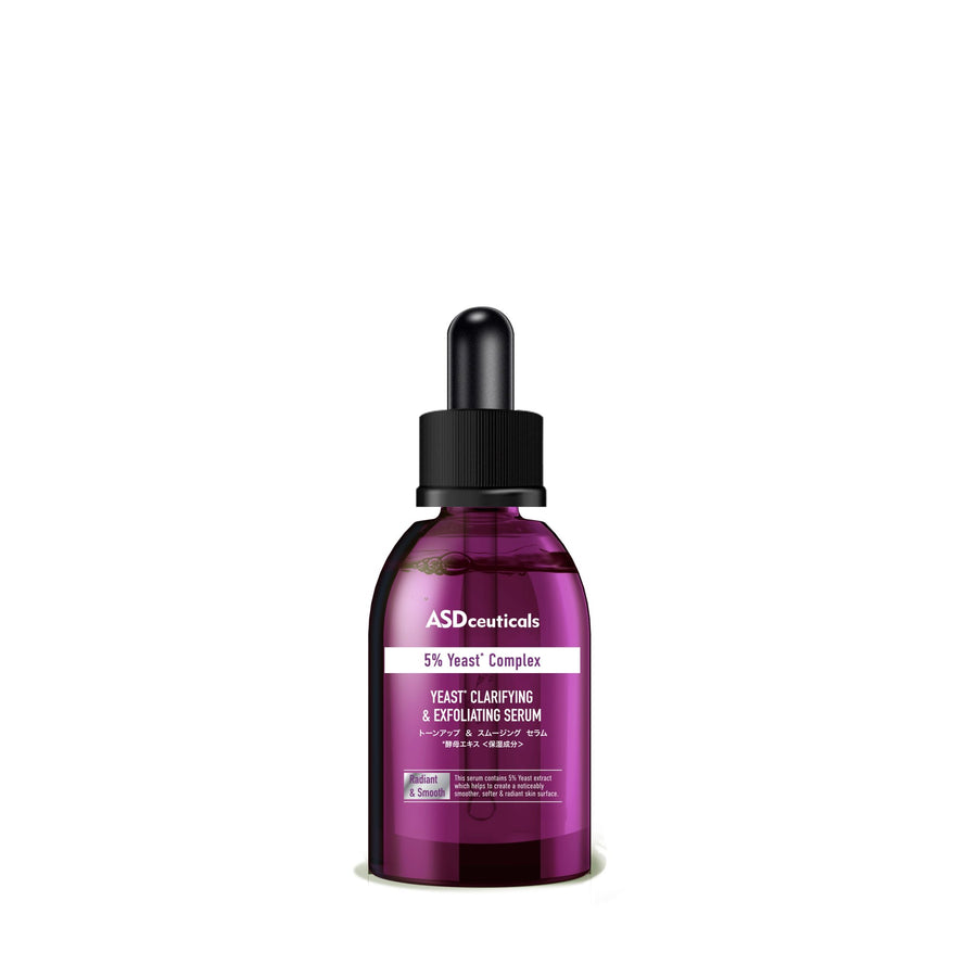 ASDceuticals Yeast Clarifying & Exfoliating Serum in a purple bottle with a dropper, front view on a white background
