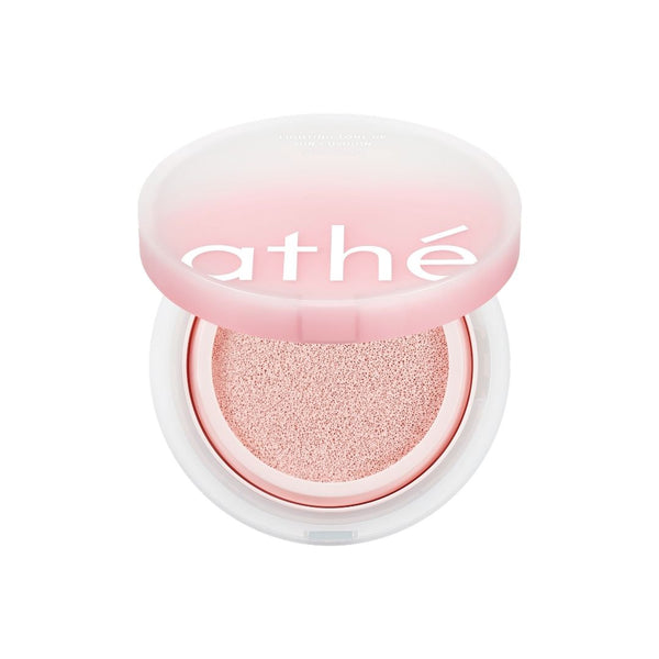 athé Lighting Tone Up Sun Cushion SPF50+PA++++ Rose Petal, an open compact with a pink cushion on a white background