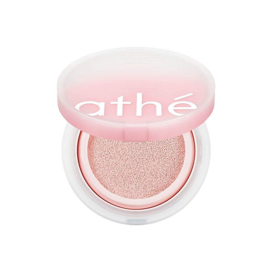 athé Lighting Tone Up Sun Cushion SPF50+PA++++ Rose Petal, an open compact with a pink cushion on a white background