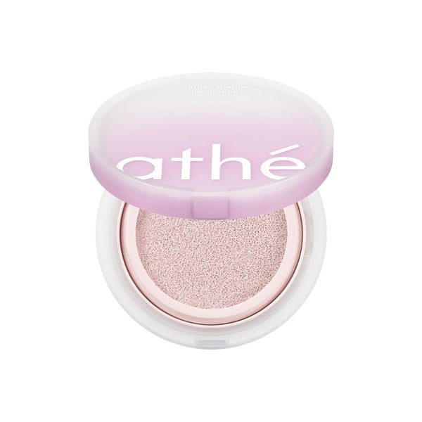 athé Lighting Tone Up Sun Cushion SPF50+PA++++ Misty Purple, open with product visible on a white background