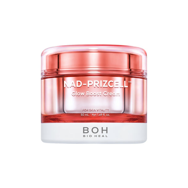 Bioheal BOH NAD-PRIZCELL Glow Boost Cream 50ml in a pink jar, front view on a white background