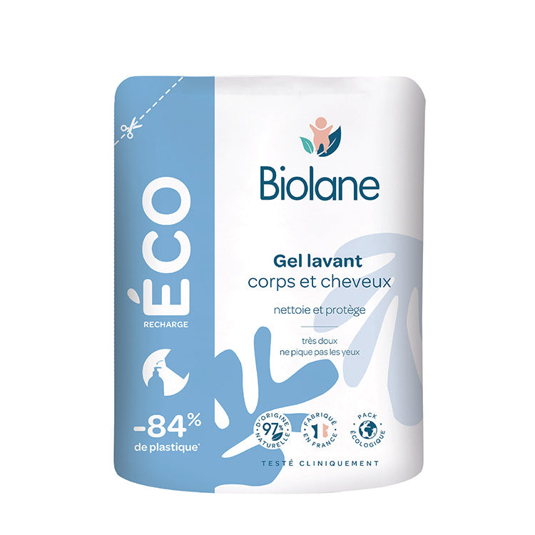 Biolane 2 in 1 Body and Hair Cleanser Eco-refill, front view on a white background, highlighting its eco-friendly packaging