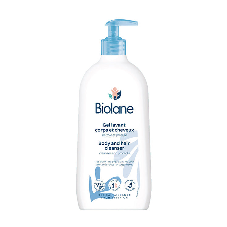 Biolane 2 in 1 Body and Hair Cleanser 350ml with a pump dispenser, shown on a white background