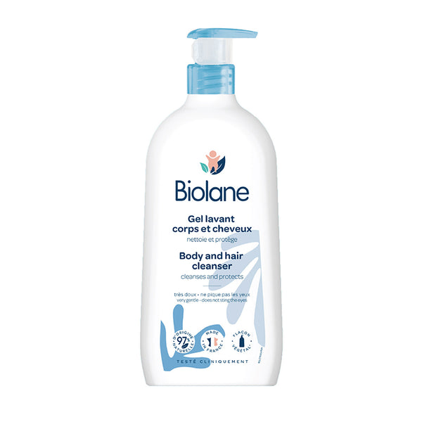 Biolane 2 in 1 Body and Hair Cleanser in a white bottle with a blue pump, shown on a white background
