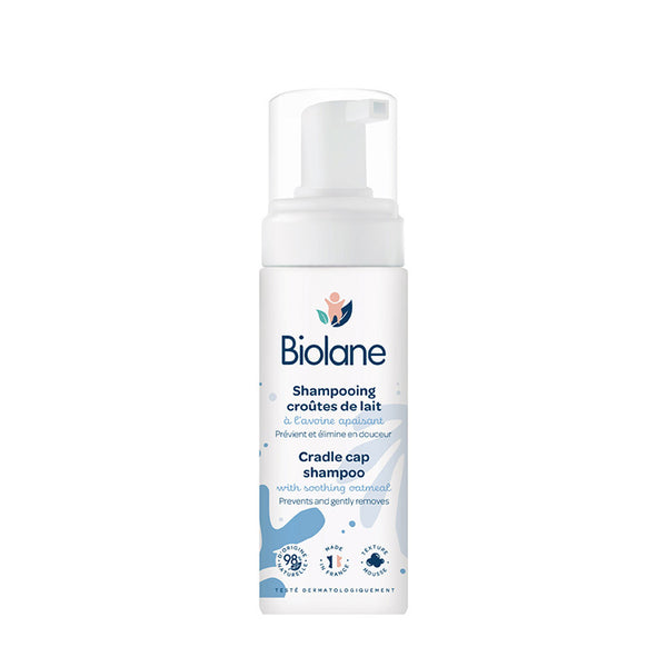 Biolane Cradle Cap Shampoo 150ml with soothing oatmeal, prevents and gently removes cradle cap on a white background