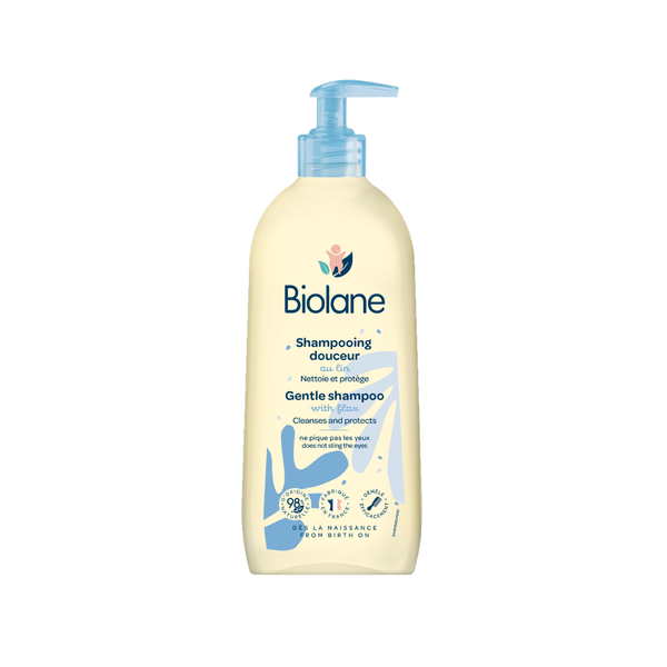 Biolane Gentle Shampoo with flax, 350ml, front view on a white background, designed for babies from birth on