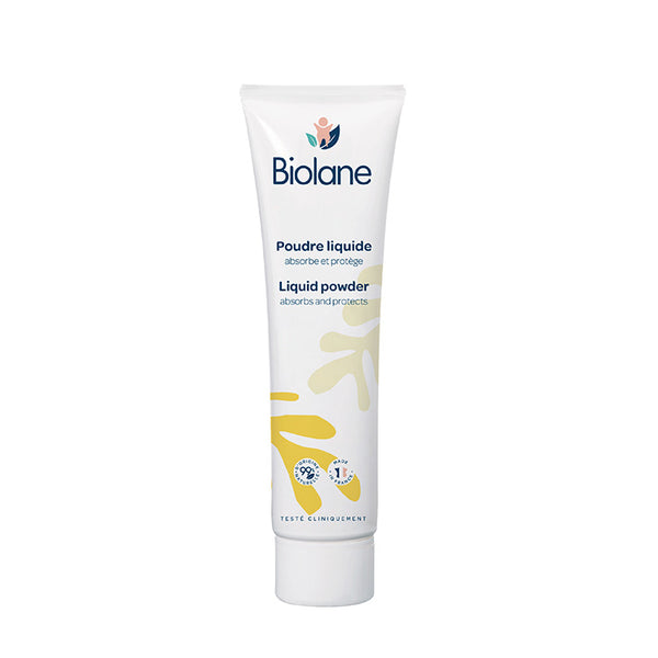 Biolane Liquid Powder 100ml tube, front view on a white background, highlighting its liquid powder formula