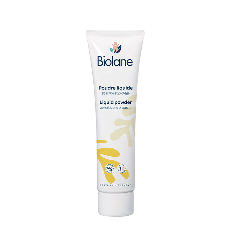 Biolane Liquid Powder 100ml tube, front view on a white background, highlighting its liquid powder formula