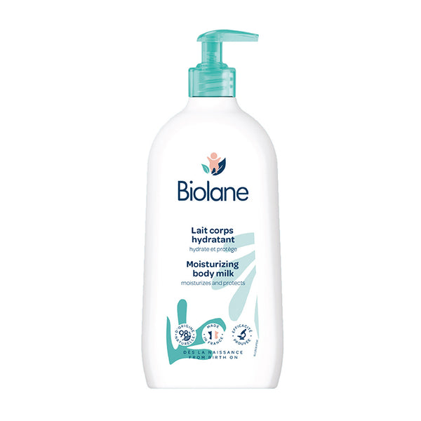 Biolane Moisturizing Body Milk 350ml with a pump dispenser, shown from the front on a white background