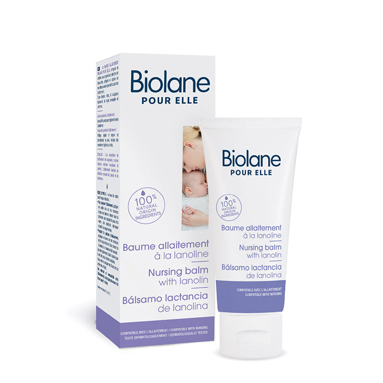 Biolane Nursing Balm with lanolin, 40ml tube and packaging, 100% natural origin ingredients, on a white background