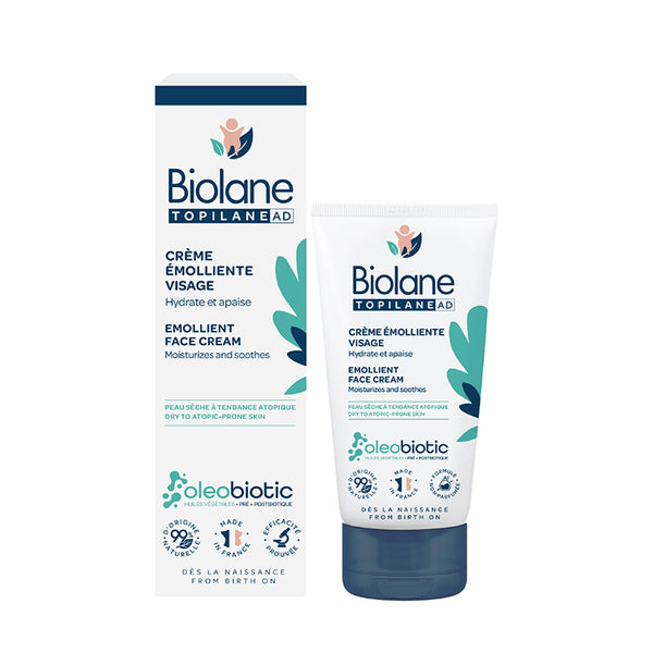 Biolane Topilane AD Emollient Face Cream 50ml and its packaging on a white background
