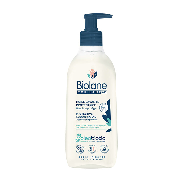 Biolane TOPILANE AD Protective Cleansing Oil, 350ml bottle with pump, shown on a white background