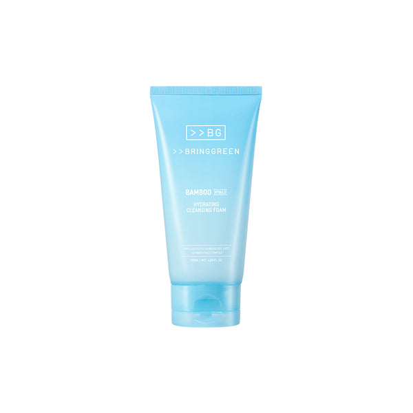 Bring Green Bamboo Hyalu Hydrating Cleansing Foam in a light blue tube, front view on a white background