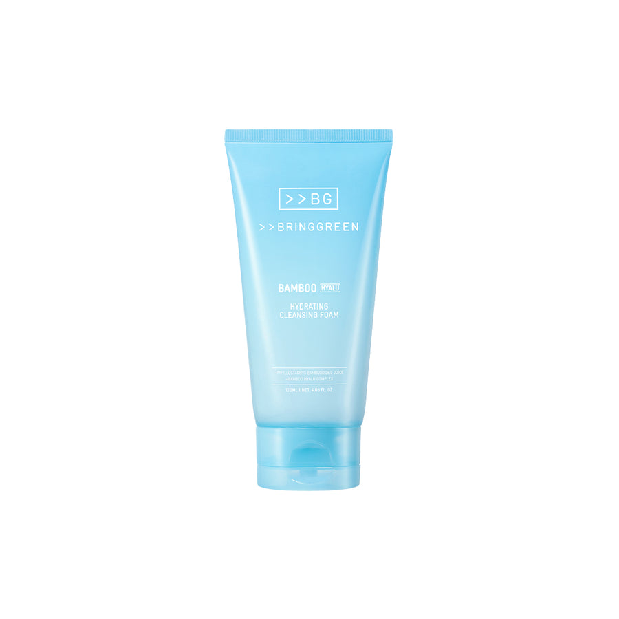 Bring Green Bamboo Hyalu Hydrating Cleansing Foam in a light blue tube, front view on a white background