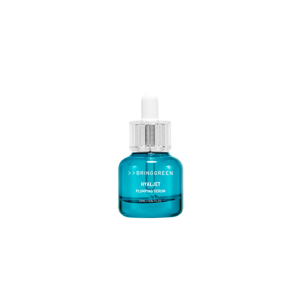 Bring Green HYALJET Plumping Serum in a blue dropper bottle, front view on a white background