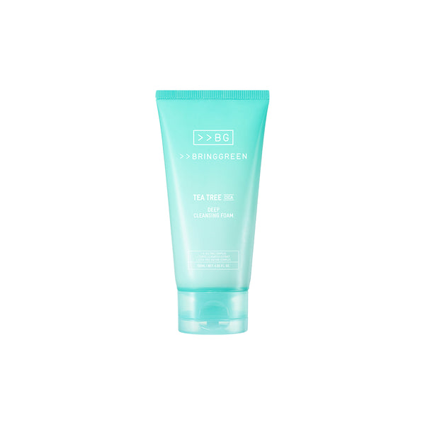 Bring Green TEA TREE Cica Deep Cleansing Foam in a light blue tube, front view on a white background