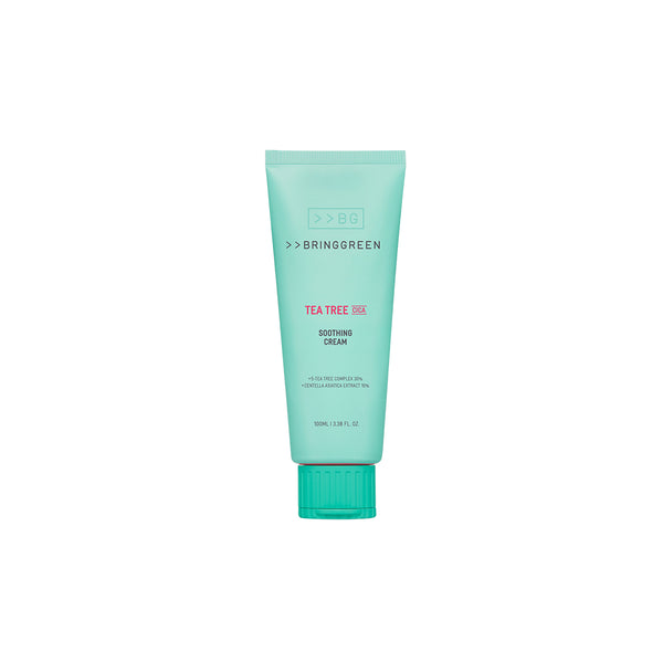 Bring Green Tea Tree Cica Soothing Cream Plus in a light green tube, front view on a white background