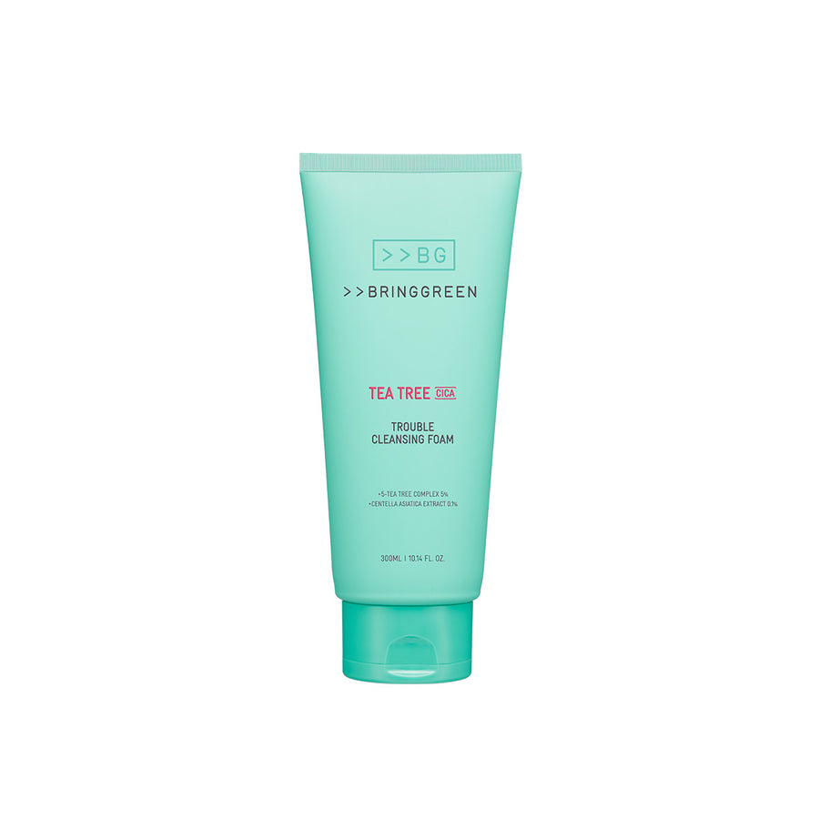 Bring Green Tea Tree Cica Trouble Cleansing Foam in a mint green tube, front view on a white background