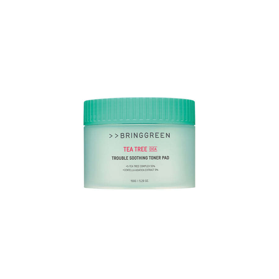 Bring Green Tea Tree Cica Trouble Soothing Toner Pad in a green jar with a ribbed lid on a white background