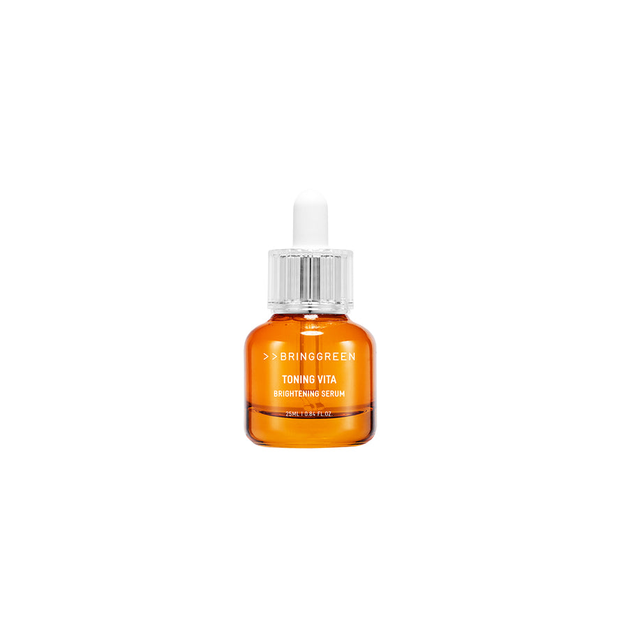 Bring Green Toning Vita Brightening Serum in an amber dropper bottle on a white background