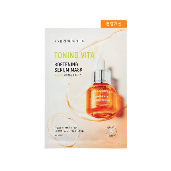 Bring Green Toning Vita Softening Serum Mask front view, featuring a serum bottle and product benefits on a white background