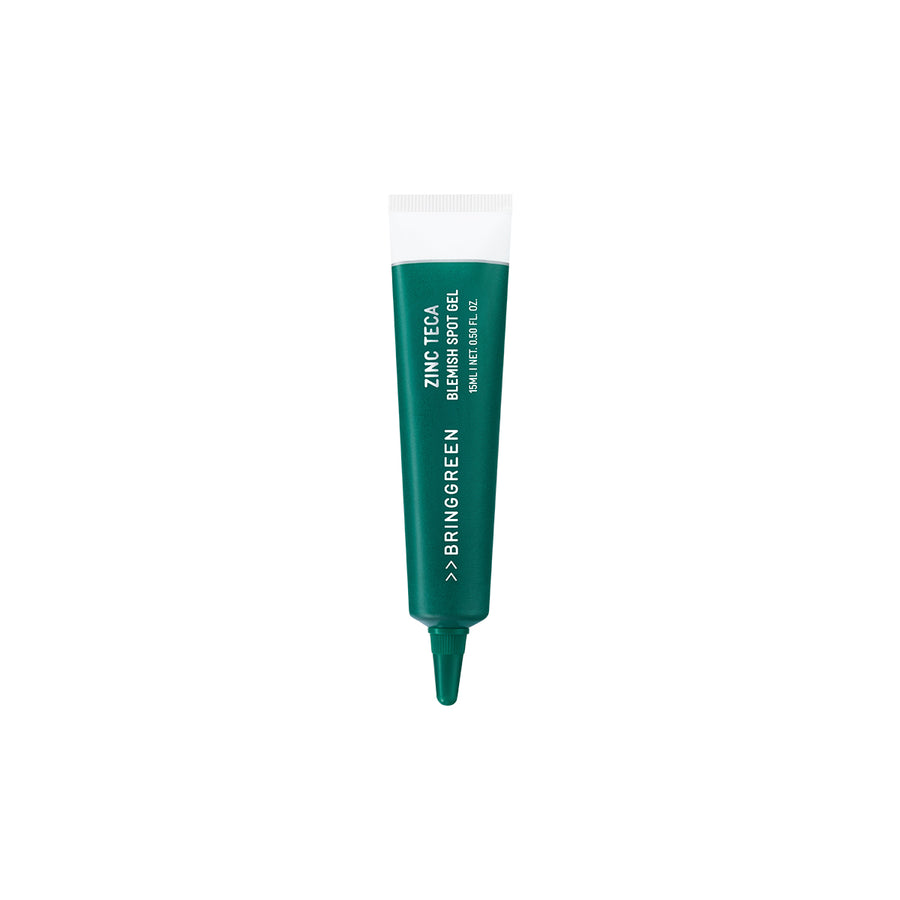 Bring Green ZINC TECA Blemish Spot Gel in a green tube with a white cap, front view on a white background