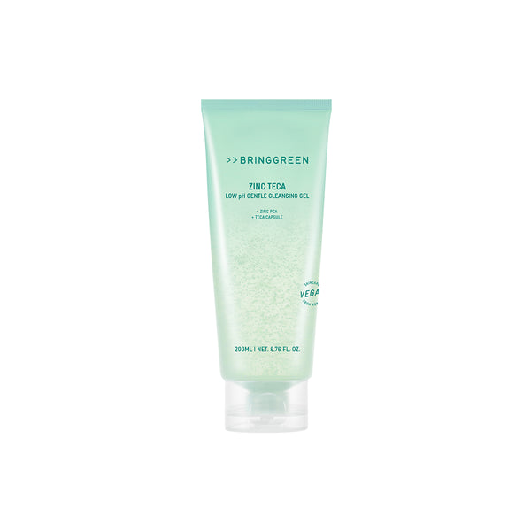 Bring Green ZINC TECA Low pH Gentle Cleansing Gel in a light green tube, front view on a white background