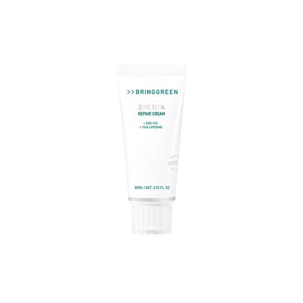 Bring Green ZINC TECA Repair Cream in a white tube with green text, front view on a white background