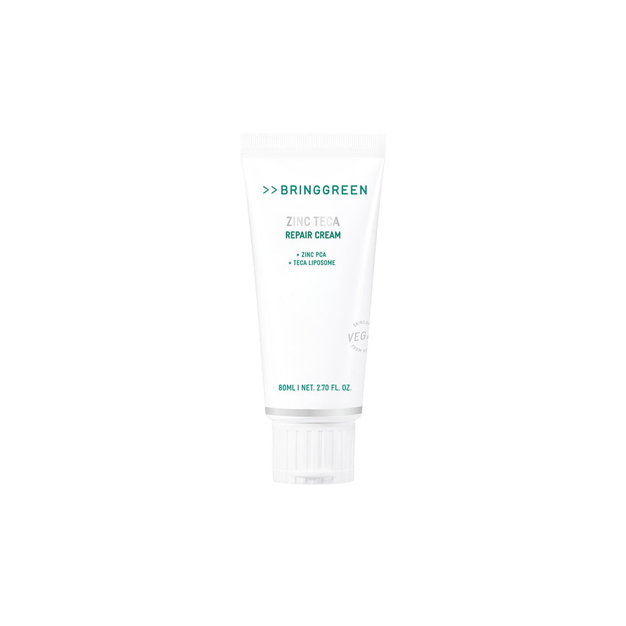 Bring Green ZINC TECA Repair Cream in a white tube with green text, front view on a white background