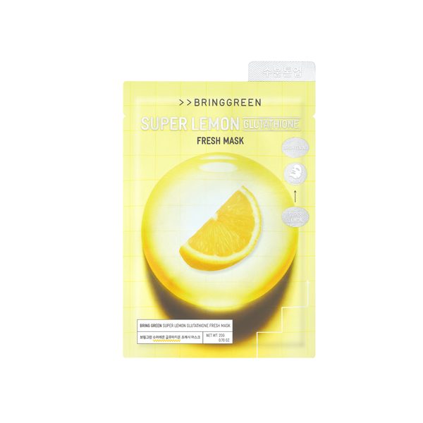 BringGreen Super Lemon Glutathione Fresh Mask with a lemon slice in a bubble on a yellow grid background