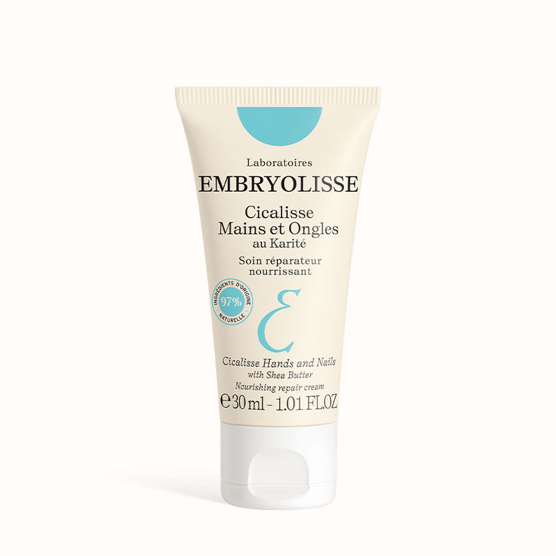 Embryolisse Cicalisse Hands and Nails nourishing repair cream in a white tube with a light blue cap on a white background