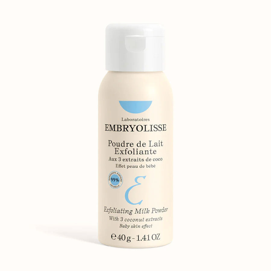 Embryolisse Exfoliating Milk Powder with 3 coconut extracts for baby skin effect, 40g, front view on white background
