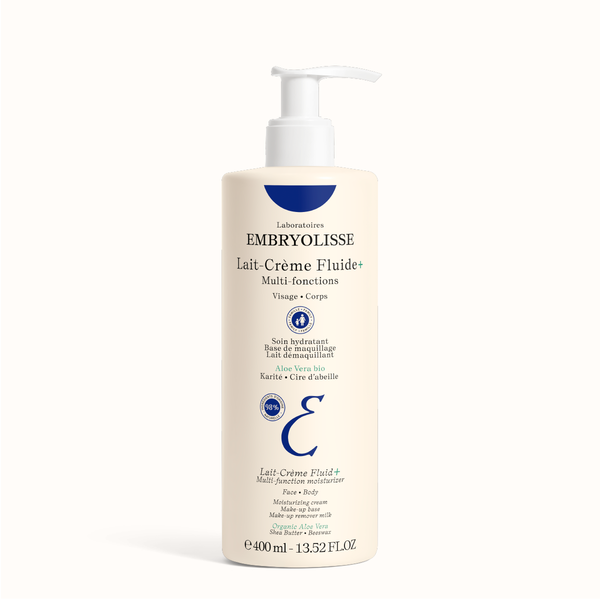 Embryolisse Lait-Crème Fluid+ multi-function moisturizer for face and body, 400ml pump bottle on white background